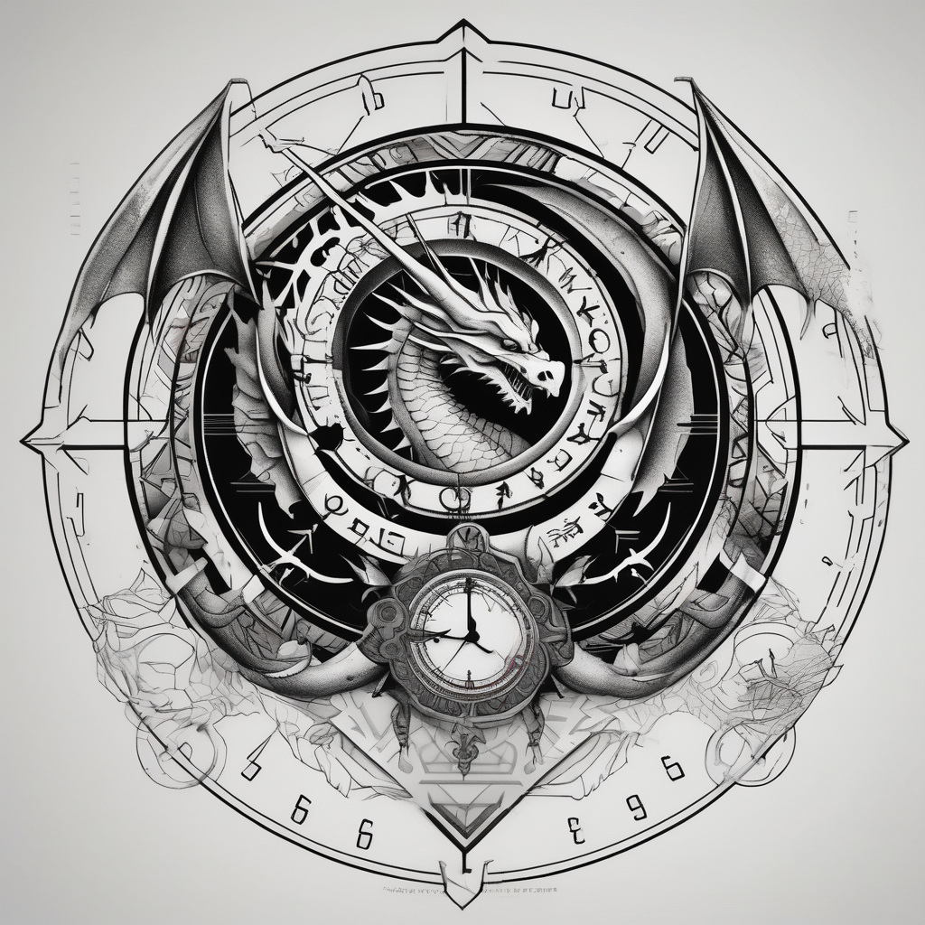 Dark cancer zodiac sign tattoo with dragon, clock and money on background floral sleeve tattoo, design de tatouage Géométrique généré par IA
